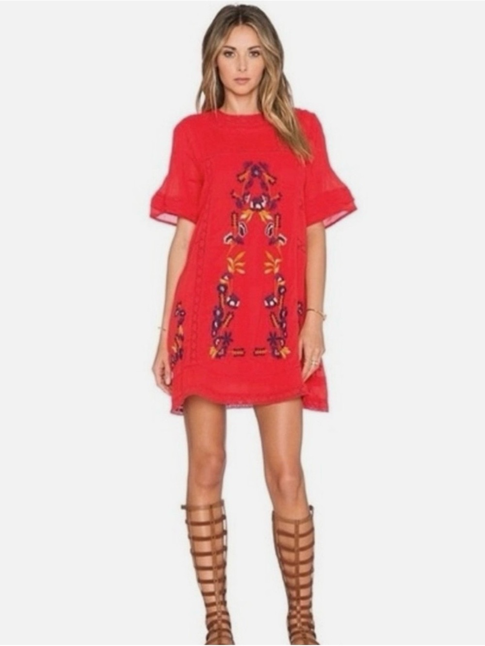 Free People Perfectly Victorian Boho Embroidered Dress Tomato Red Cotton 4 6 S